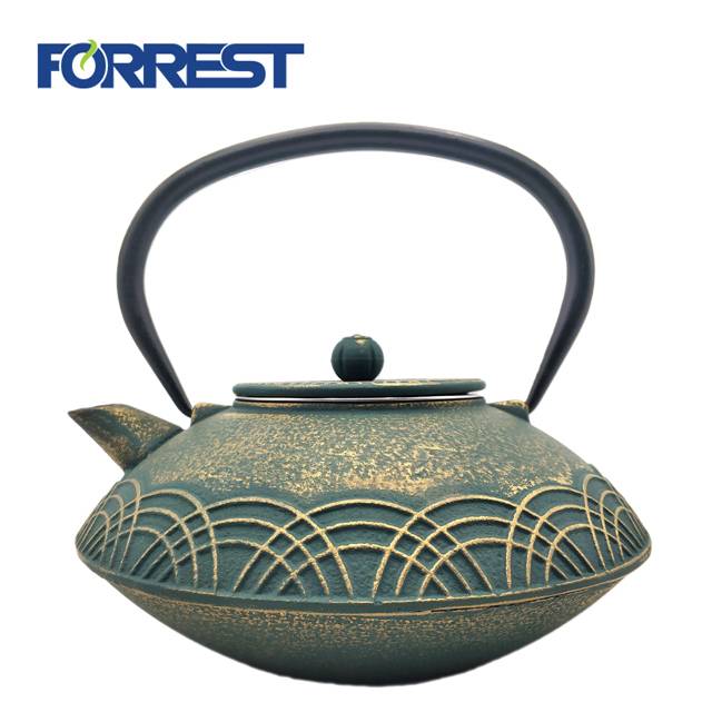 0.8L green with gold enamel  tetsubin cast iron kettle  teapot With stainless steel wire mesh Enamel inside and painting outside