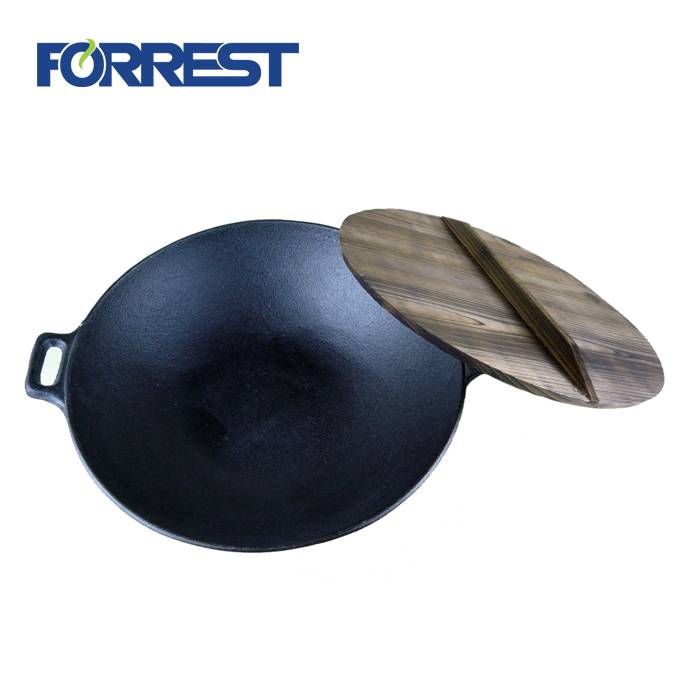 Hot Sale Cast Iron Stir Frypan Flat Base Wok With Wooden Lid For Cookware