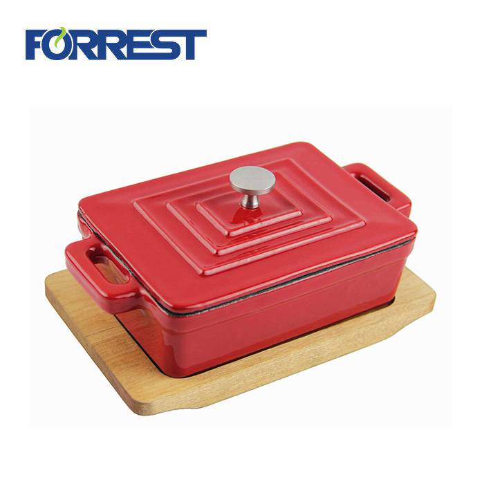 Hot Sale Rectangular Cast Iron Mini Csserole Dish Enamel Cookware Casserole With Wooden Base