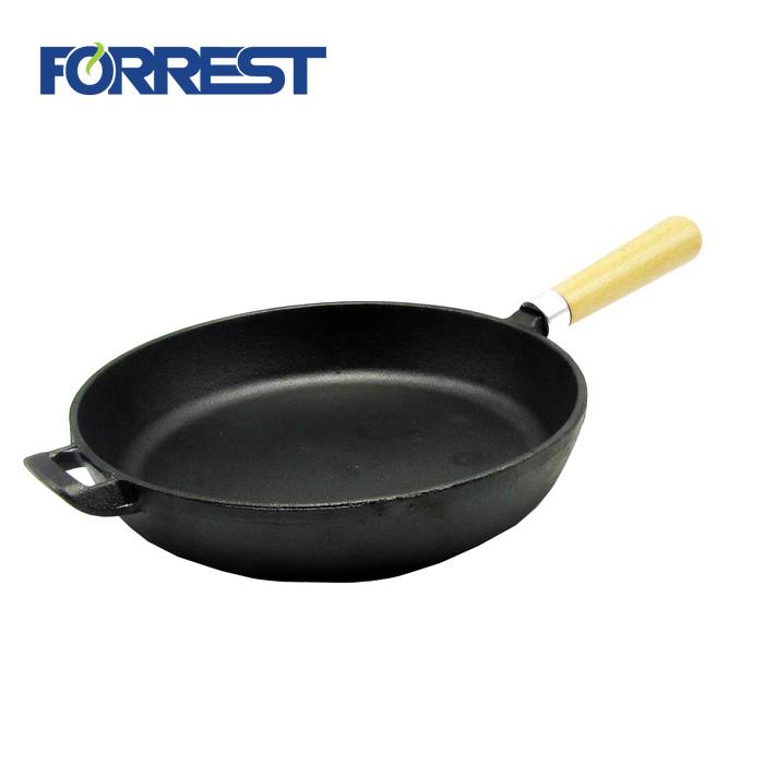 Round pre seasoned Frying pan cast iron skillet with wooden handle Featured Image