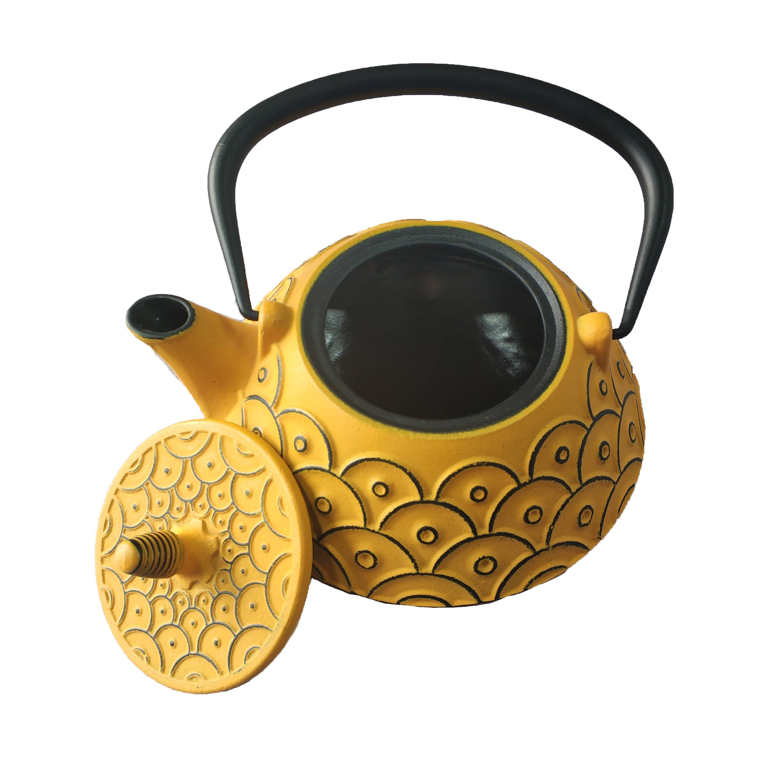 0.8L best wholesale Eurofins approved yellow color enamel tetsubin cast iron kettle teapot with S/S Infuser