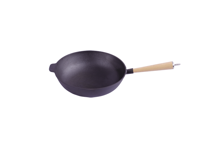 cast iron chinese wok with wood handle