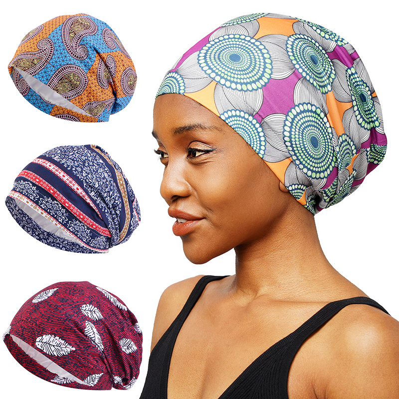 JD-1101U African pattern satin linned slouchy hat chemo cap