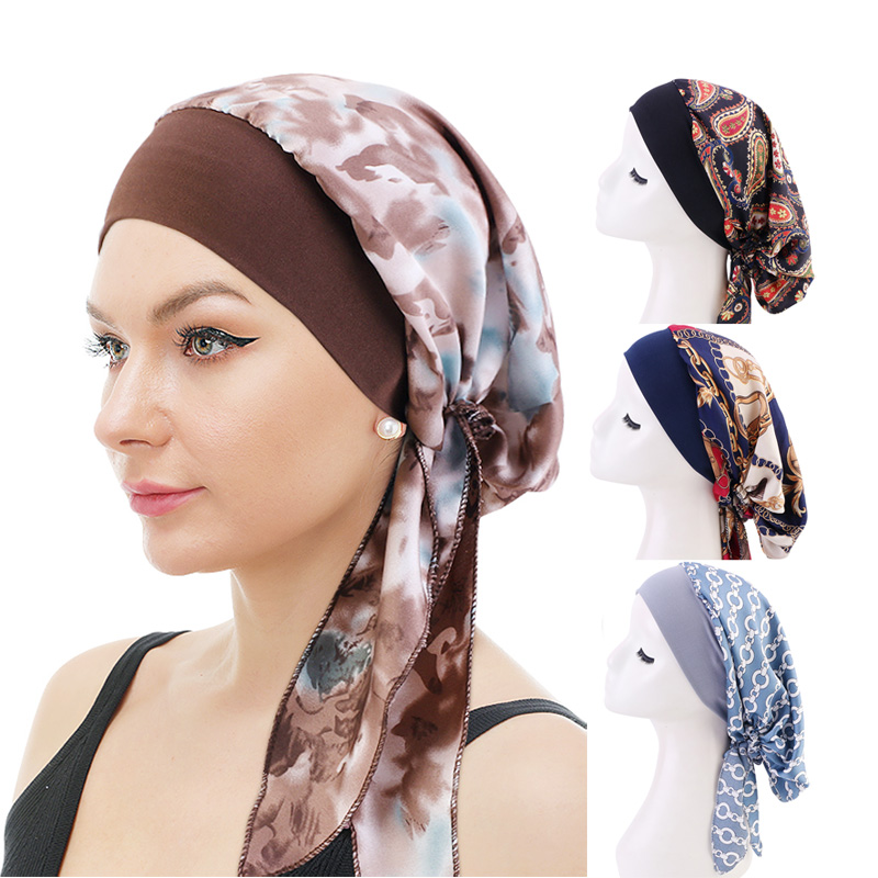 JDT-329D Pre-tied wide band silky headscarf head wrap headscarf