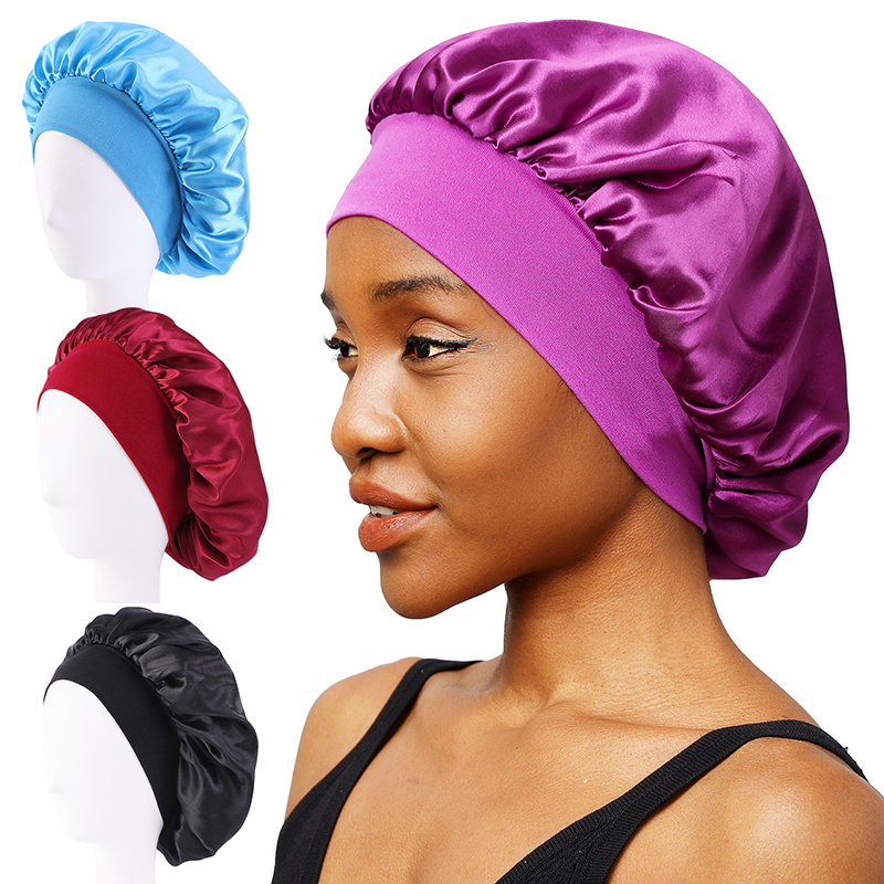 Best Adjustable Bonnet Supplier –  TJM-301 Wide band satin hair bonnet silky sleeping cap – GATHERTOP