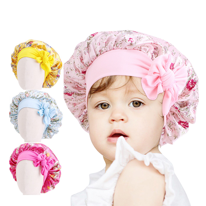 Best Silk Bonnets Factory –  Kids floral print satin bonnet with tied band JD-1101-1KB – GATHERTOP