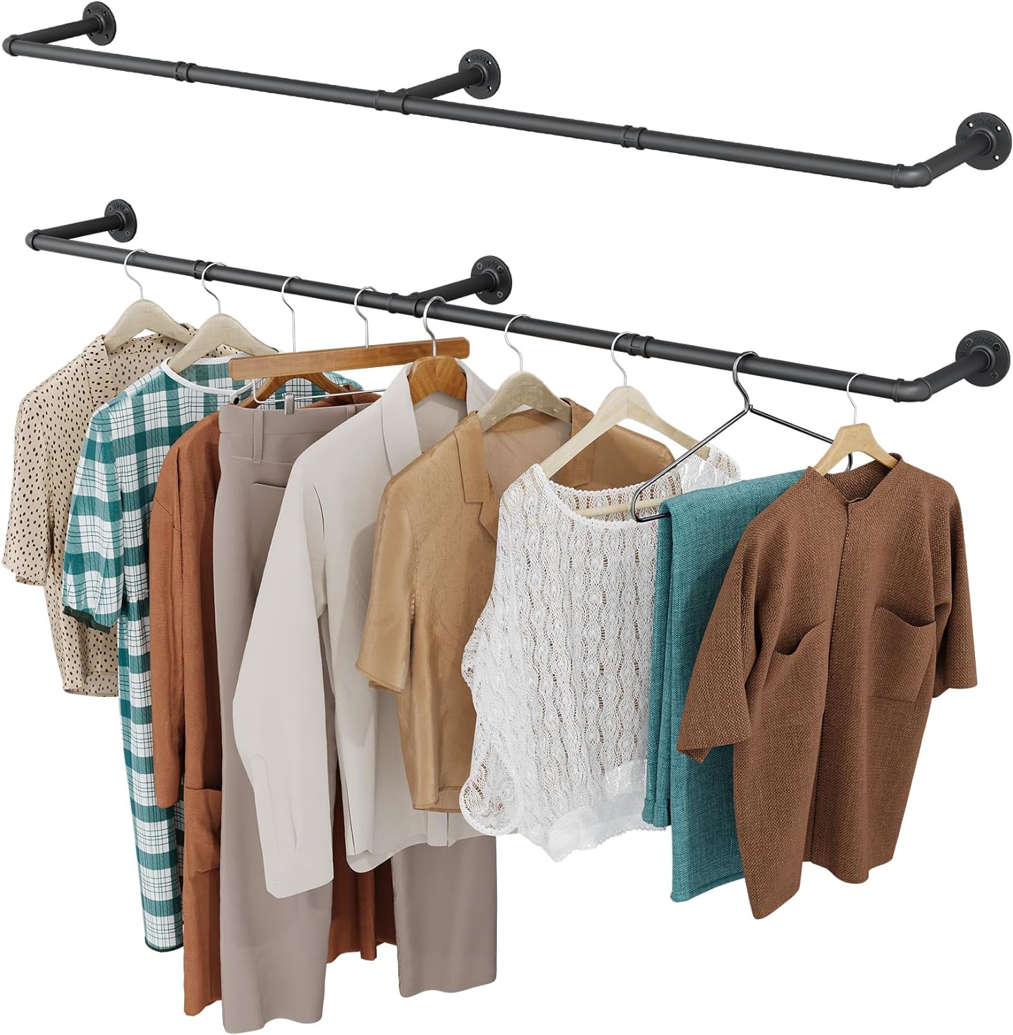 65.7″ Industrial Pipe Clothing Rack 2 Pack for Clothes, Wall Mounted Heavy Duty Space Saving Garment Rack for Closet Storage