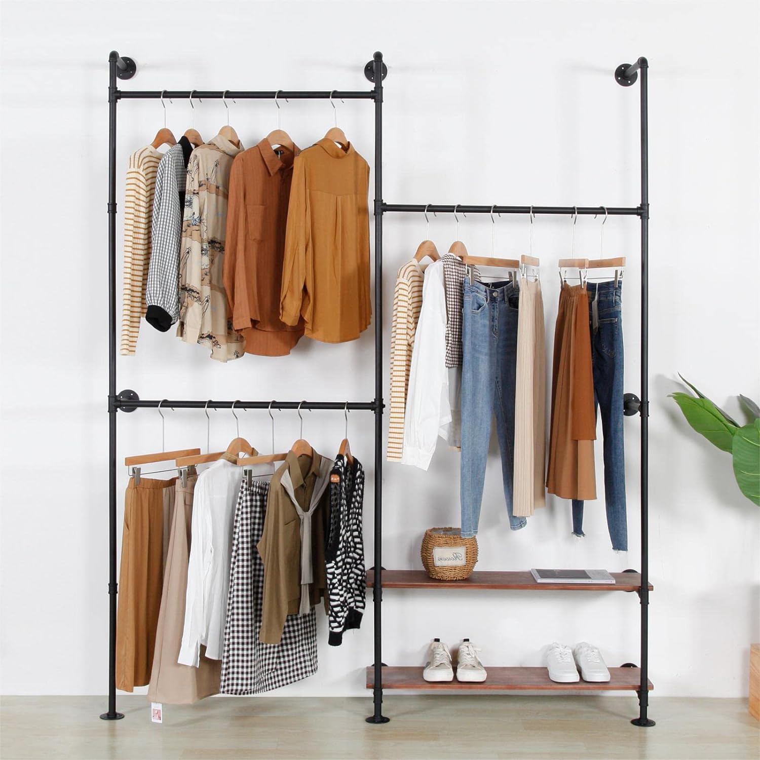 Wall Mounted Industrial Pipe Clothing Rack Wood Garment Rack Hanging Clothes Rack Multi-purpose Heavy Duty Hanging Rod, Steampunk Clothes Rack Retail