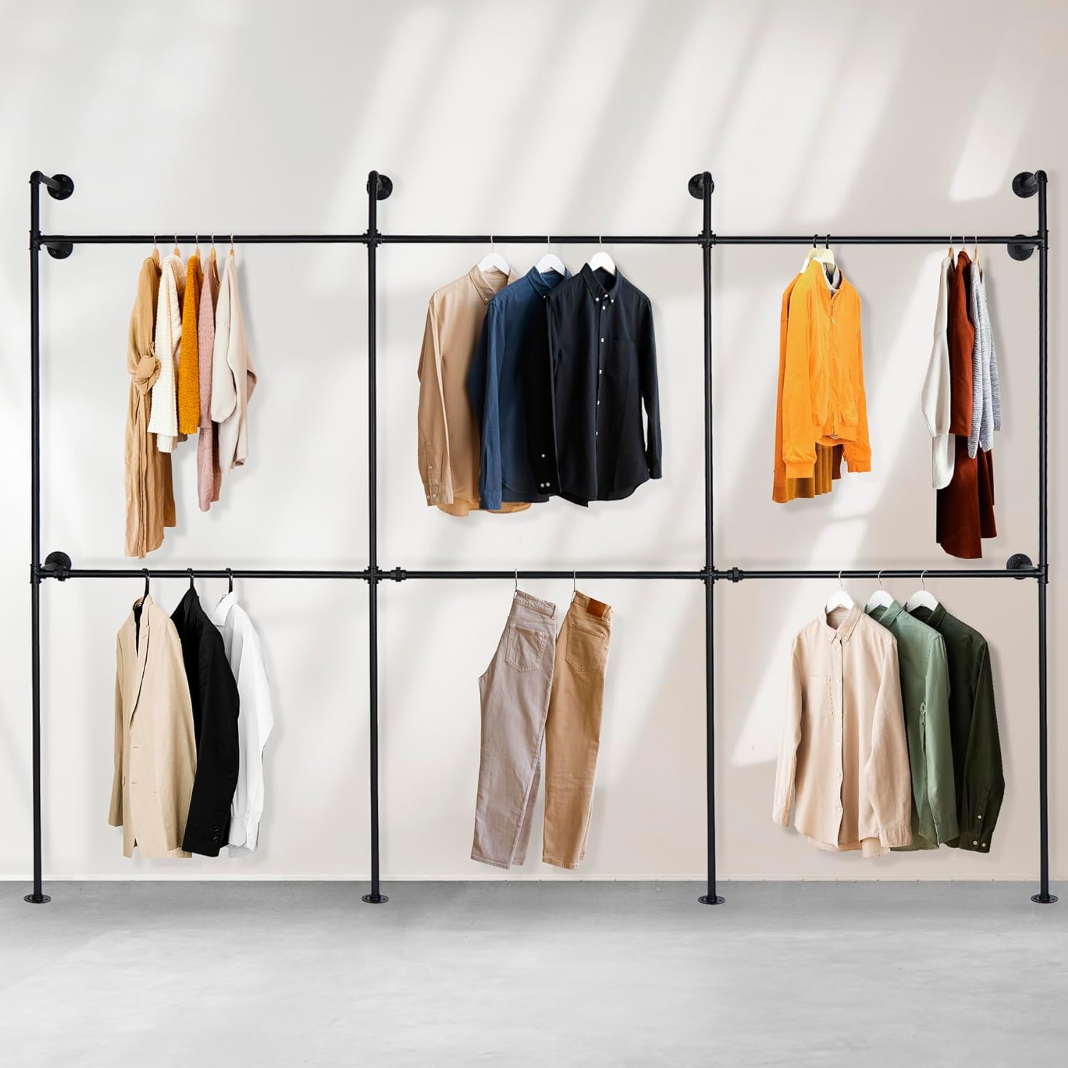 Industrial Pipe Clothing Rack Metal, Minimalist Retro Walk-in Closet System, Heavy Duty Wall Mounted Industrial Pipe Closet Organizer for Hanging Clothes