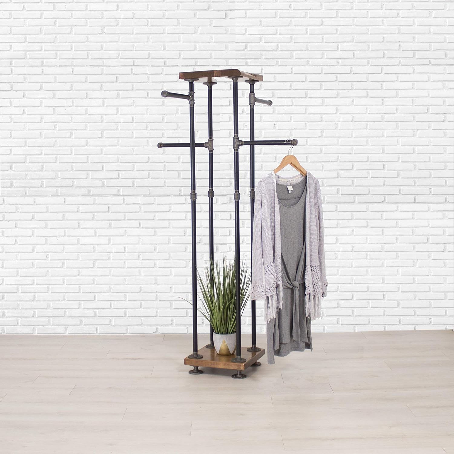 Industrial Pipe and Wood Clothes Rack 4-Way, Garment Rack, Clothing Rack, Closet Organizer, Clothing Storage and Display