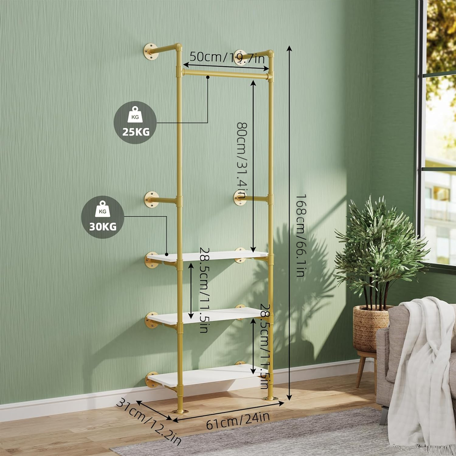 Wall Mounted Gold Clothes Rack: Gold Pipe Clothing Rack with 3 White Shelves – Hanging Clothes Retail Display Rack Garment Rack