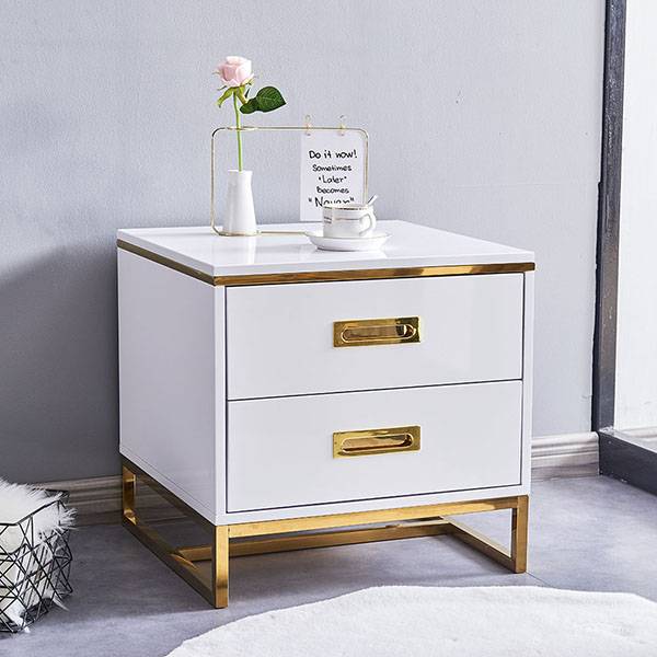 China wholesale Modern Bedside Table - YF-H-204 White Golden Finish Modern Nightstand Side End Table with Drawer – Yifan