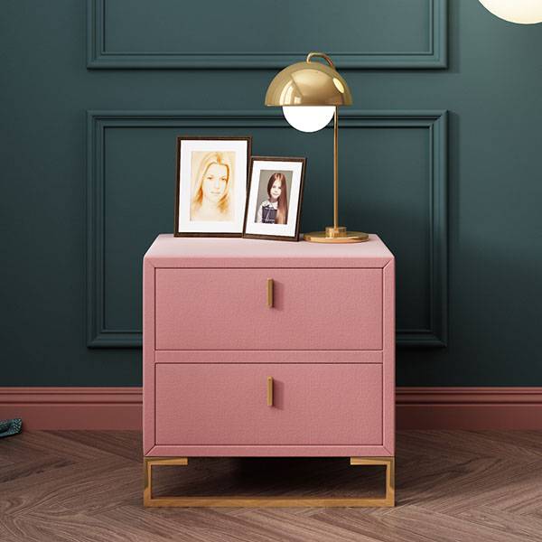 YF-H-211 Pink Velvet Nightstands 2 Drawers Wood Nightstand Bedside Table Gold Base Featured Image