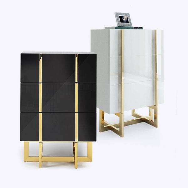 YF-H-209 Modern 3 Drawer White  Black Lacquer Nightstand in Gold Featured Image