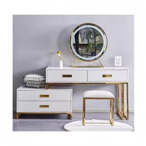 https://www.hebeiyifanwood.com/modern-stainless-steel-gold-white-dresser-table-vanity-stool-set-with-mirror-dressing-table-products/