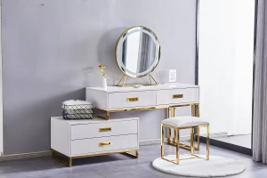 modern stainless steel gold white dresser table vanity stool set with mirror dressing table