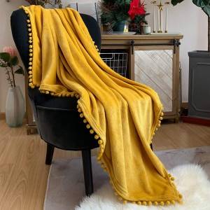 Pompom Fringe Flannel Blanket and Decorative Knitted Blanket