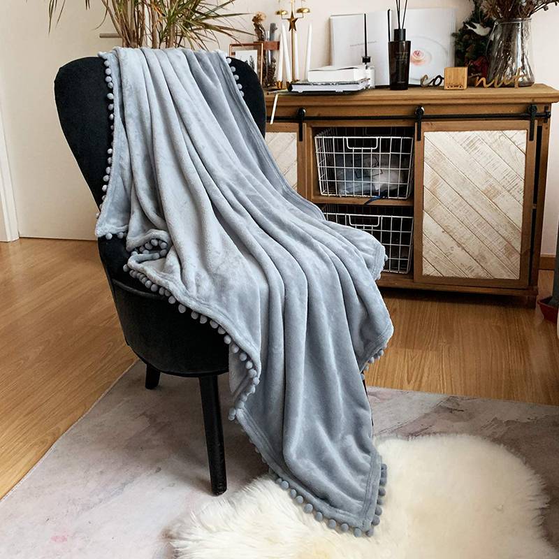 Best quality 2-Pcs Bedding Set - Pompom Fringe Flannel Blanket and Decorative Knitted Blanket – SUPER