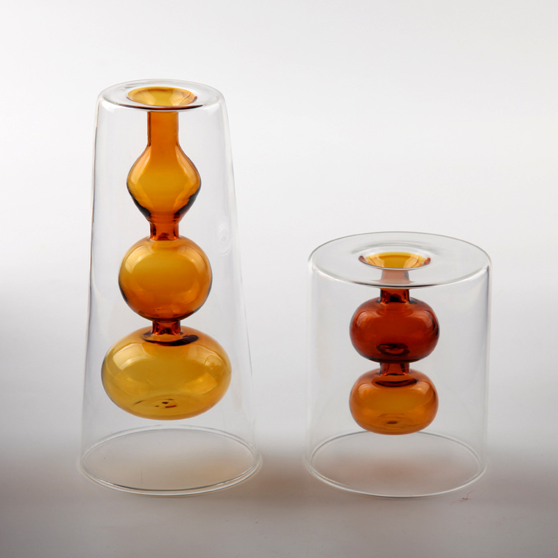 amber color double layer glass vase