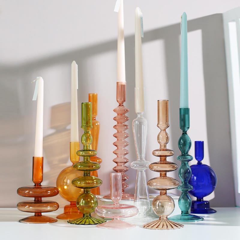 Nordic Style Borosilicate Hand Blown Colored Candlesticks Stand Living Room Desktop Home Decoration Glass Candle Holder