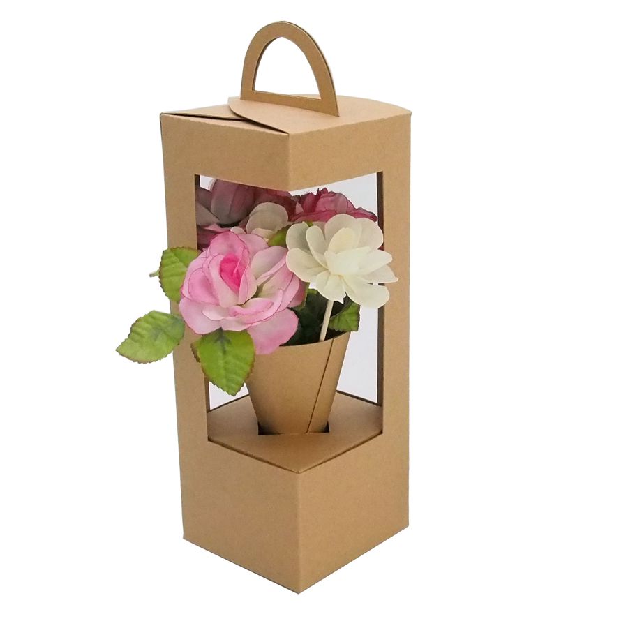 New Design Fold Style Kraft Paper Handle flower Basket Gift Box