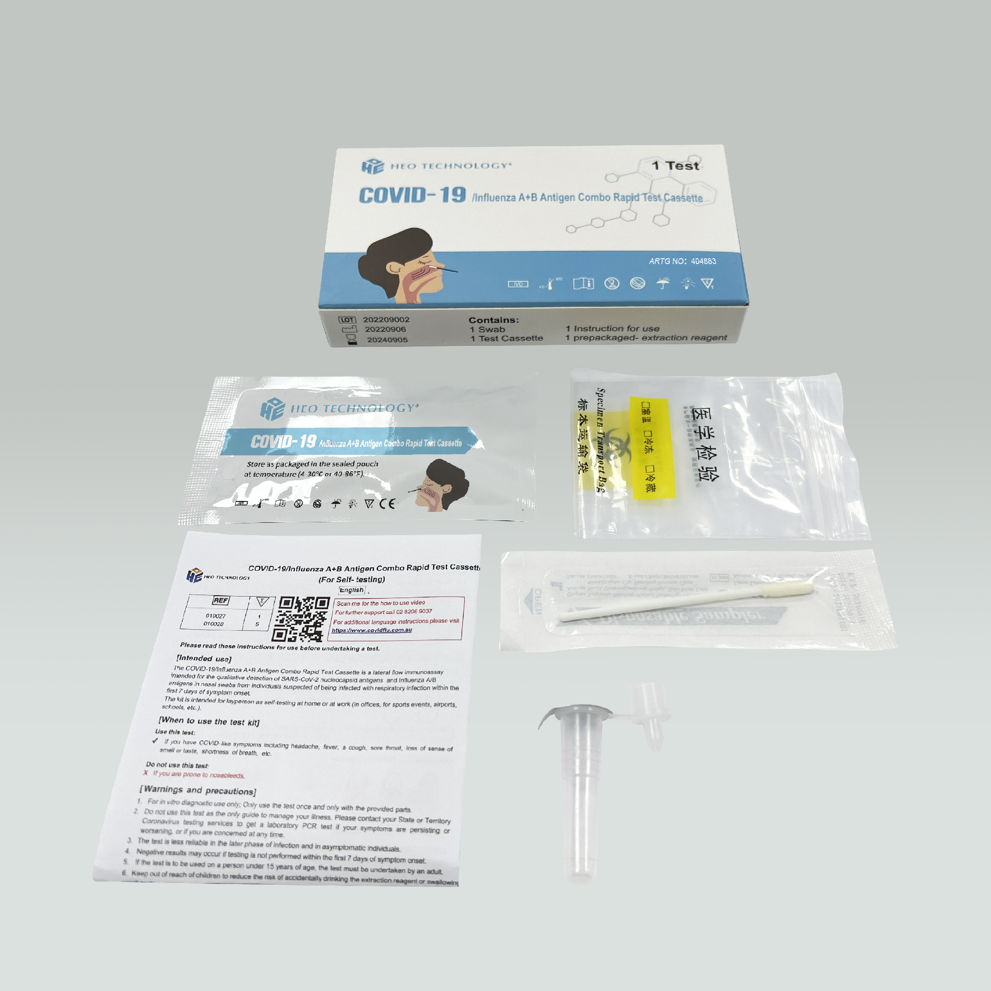 Kaset Ujian Pantas Kombo COVID-19/Influenza A+B Antigen Teknologi HEO Telah Lulus TGA