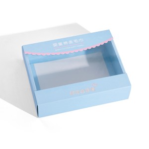 Blauer Luxusdruck, transparente Fensterschublade, hochwertige weiße Papierverpackung, Geschenkbox für Kleidung, Handtuch