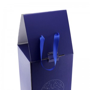 Sea Blue Silver Logo Paper Packing Gift Box with Ribbon Handle