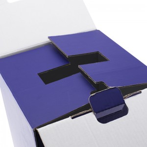 रिबन हँडलसह सी ब्लू सिल्व्हर लोगो पेपर पॅकिंग गिफ्ट बॉक्स