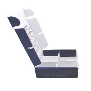 Caja de papel frontal azul con divisor corrugado blanco