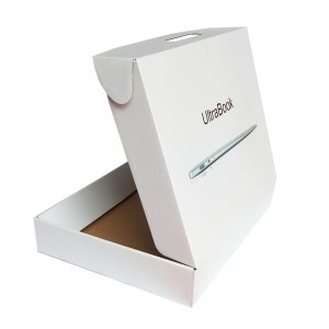 Белым переработанная отправителем упаковка портативного компьютера рифленой коробки с пластиковой ручкой