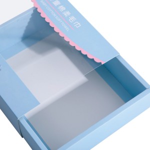 Kék luxus nyomtatású átlátszó ablakos fiók, kiváló minőségű fehér papír csomagoló díszdoboz törülközőhöz