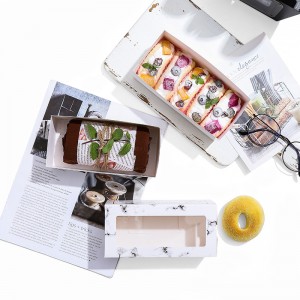 Печатена бела картонска хартија Кутија за пакување за десерт Лизгачка фиока кутија со PET прозорец