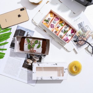 Bedruckte Dessert-Verpackungsbox aus weißem Papppapier mit Schiebeschublade und PET-Fenster