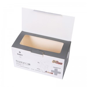 ຜູ້ຜະລິດຈີນ OEM Logo Recyclable 400gsm White Paper Double Lids with Window Self-forming Bottom Tear line Mask Box for 50pcs