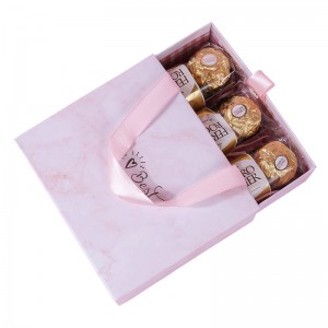 ჩინეთის ქარხნის ძვირადღირებული შეფუთვა 1.5 მმ ნაცრისფერი დაფა Pull Paper ვარდისფერი ტკბილეული შოკოლადის სასაჩუქრე ყუთი ლენტი სახელურით