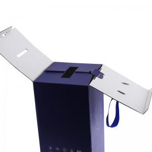 Caixa de agasallo de papel con logotipo de prata azul mar con asa de cinta