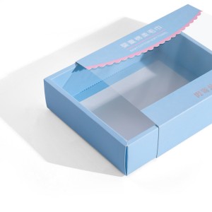 Confezione regalo di imballaggio in carta bianca di alta qualità con cassetto per finestra trasparente con stampa di lusso blu per asciugamani