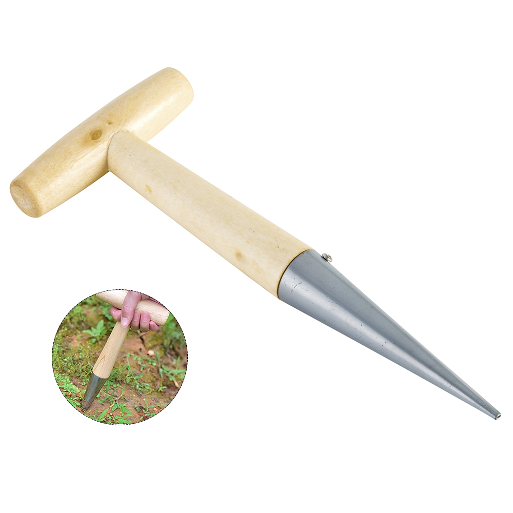 Transplanting Seeding Digging Hole Tool Dibber With Wooden Handle