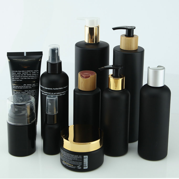 60ml/100ml/300ml/500ml matte black PET spray bottle , tube and airless pump with one color silkscreen printing for cosmetic