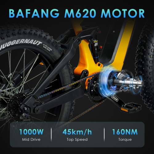 HEZZO HM-26Pro Carbon Fiber Ebike 52V 1000W Bafang M620 Mid Drive Electric Bike Shimano 9 Speed 21AH LG 21700 Battery DNM Full Suspension Snow & Off Road 26×4.8″ Kenda Fat Tire Moped Hybrid Emtb