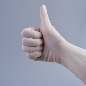 ဆေးဘက်ဆိုင်ရာ Curved Textured Powder အခမဲ့ CE EN455 တခါသုံးပိုးသတ်ထားသော ရော်ဘာ ခွဲစိတ် Latex လက်အိတ်များကို ထုတ်လုပ်ပါ