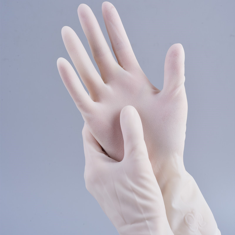 Медыцынскія выгнутыя тэкстураваныя вытворчасць без пудры, CE EN455, аднаразовыя стэрылізаваныя гумовыя хірургічныя латексныя пальчаткі.