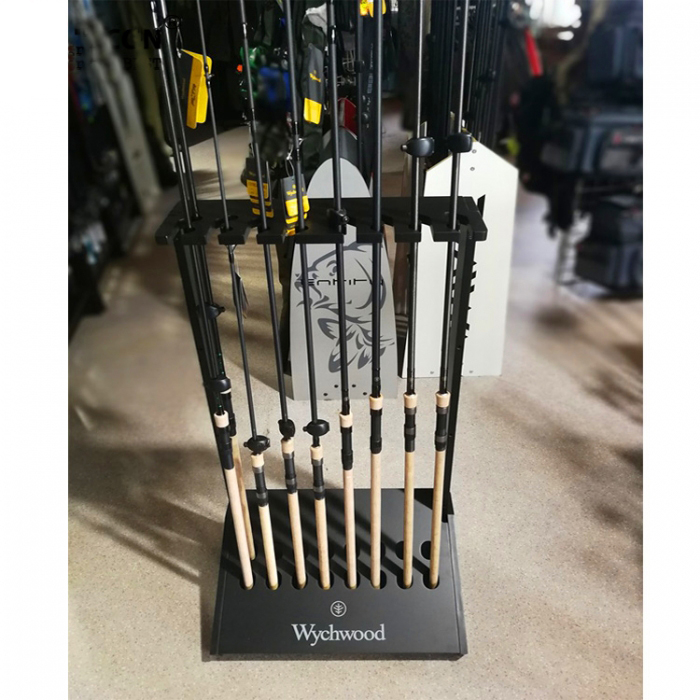 China Cool Customized Floor Black Wood Fishing Rod Display Rack