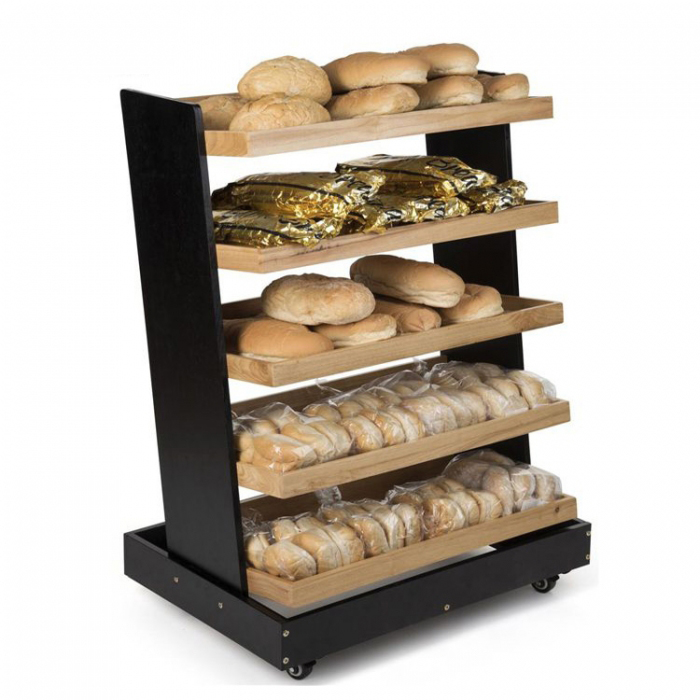 Functional Moveable Customized Black Wood Floor Bread Display Rack (4)