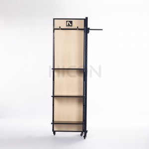 Free Standing Wooden Floor Clothing T-shirt Display Rack with Casters