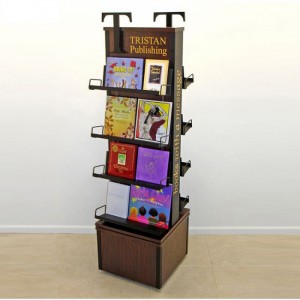 Rotating Floor Double-Sided Brown Wood Metal Book Display Stand