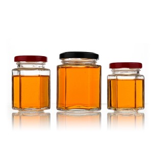Clear 100ML to 730ML hexagonal shape honey glass jar with metal cap