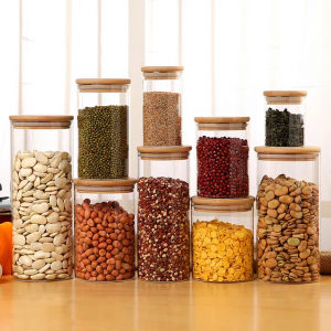 Food Storage High Borosilicate Custom Made Decorate Fancy Glass Jars with Bamboo Lid