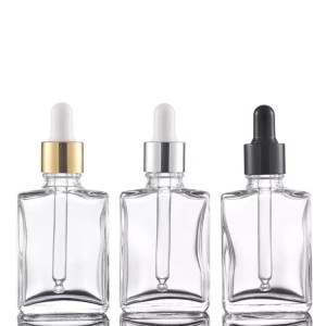 30ml clear square cosmetic serum dropper bottle with aluminum dropper
